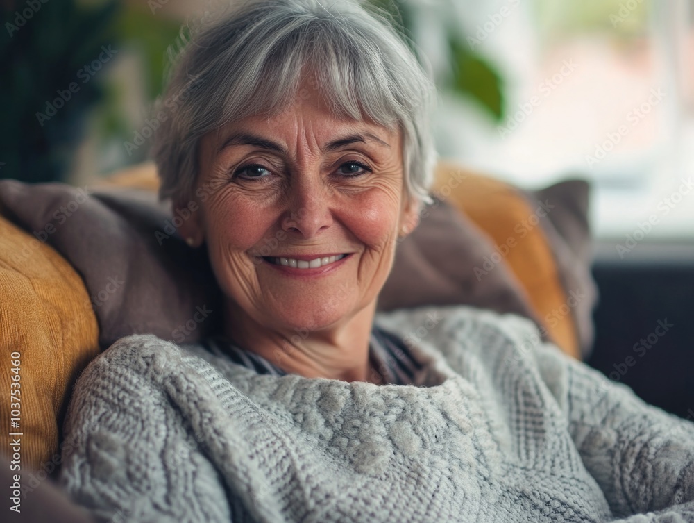 Elderly Woman Smiling Comfortably at Home Elderly Woman Smiling Comfortably at Home
