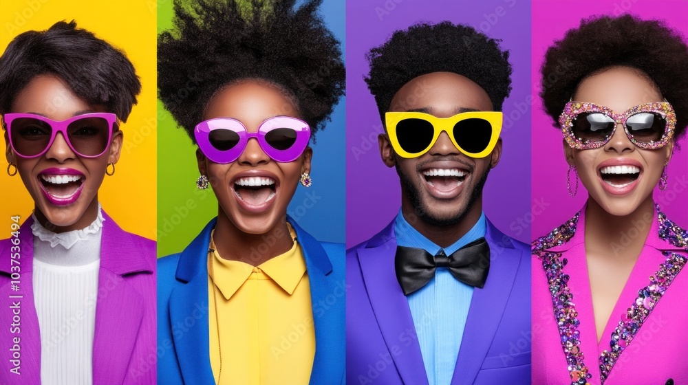 Friends are joyfully posing together, wearing bright outfits and playful sunglasses. Their excitement and colorful styles reflect a lively and cheerful atmosphere under the sun Friends are joyfully posing together, wearing bright outfits and playful sunglasses. Their excitement and colorful styles reflect a lively and cheerful atmosphere under the sun