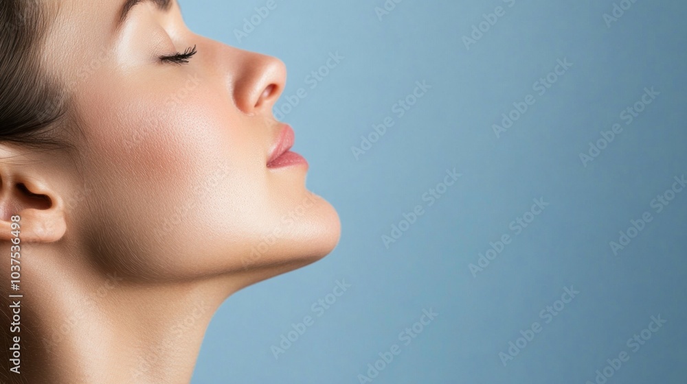 A young woman is captured in profile, her eyes closed and face relaxed, exuding tranquility against a smooth blue backdrop, embodying a moment of peaceful contemplation A young woman is captured in profile, her eyes closed and face relaxed, exuding tranquility against a smooth blue backdrop, embodying a moment of peaceful contemplation