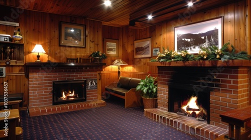 Wallpaper Mural A cozy and inviting wooden interior featuring two warm fireplaces, decorated with winter-themed artwork and soft ambient lighting, in a charming setting perfect for relaxation Torontodigital.ca