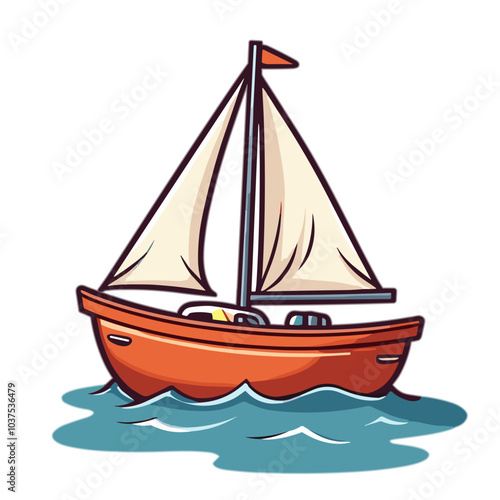 Cartoon sailboat with red hull sailing on blue water