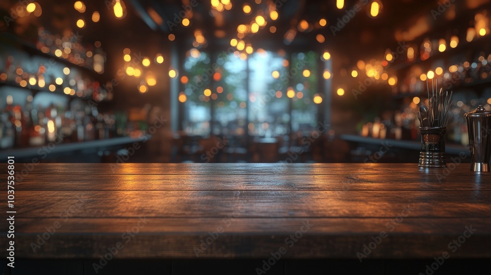 The warm glow of lights fills a vibrant bar setting, highlighting a polished wooden countertop and shelves adorned with various bottles, creating an inviting atmosphere for evening relaxation The warm glow of lights fills a vibrant bar setting, highlighting a polished wooden countertop and shelves adorned with various bottles, creating an inviting atmosphere for evening relaxation