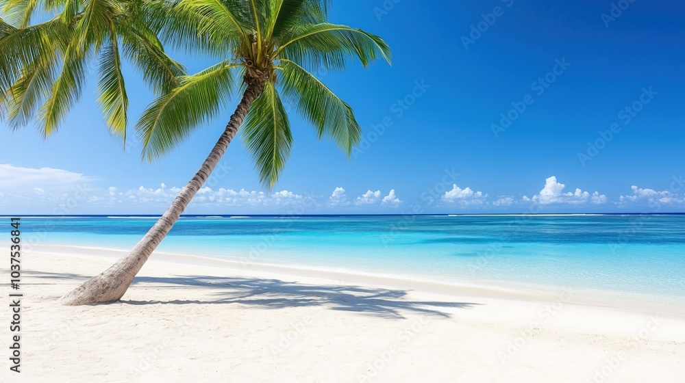 Fototapeta premium This scenic view features a beautiful tropical beach with soft white sand, a solitary palm tree leaning over the water, and vibrant blue skies, creating a serene and inviting atmosphere