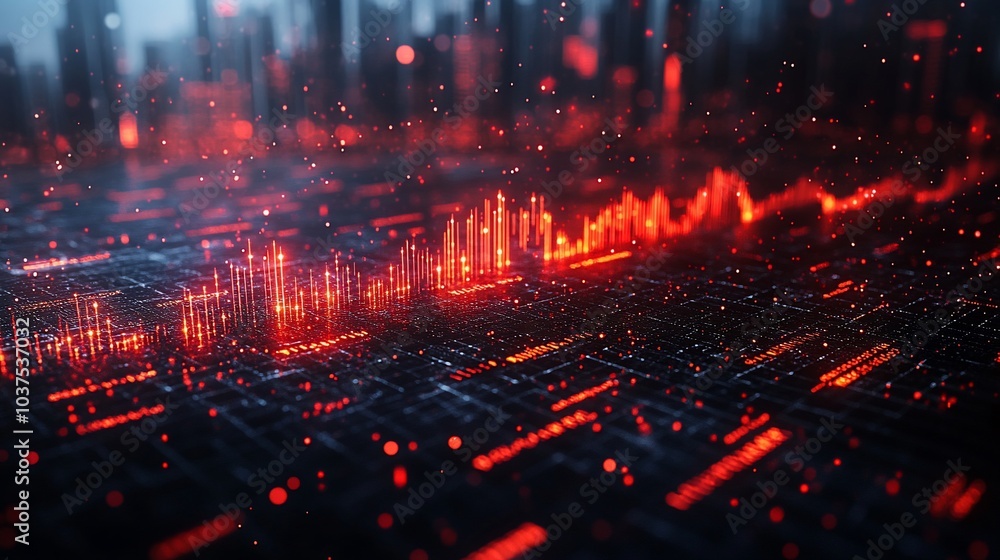 Abstract visualization of data with glowing red elements and a digital landscape. Abstract visualization of data with glowing red elements and a digital landscape.