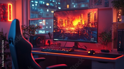 A vibrant gaming setup featuring a monitor displaying a cityscape with dramatic lighting.