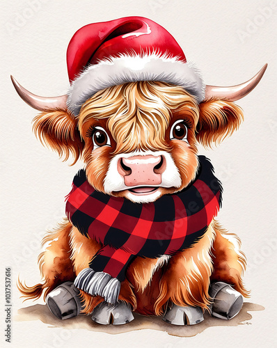 An illustration of a baby highland cow wearing a santa hat and a black and red plaid scarf