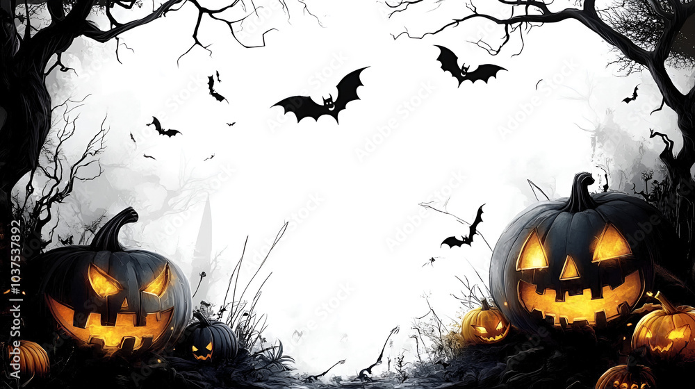 Spooky Eerie Halloween scene featuring glowing jack-o'-lanterns, flying bats, and twisted trees. Perfect for capturing the spooky atmosphere of Halloween night with a hauntingly beautiful backdrop Spooky Eerie Halloween scene featuring glowing jack-o'-lanterns, flying bats, and twisted trees. Perfect for capturing the spooky atmosphere of Halloween night with a hauntingly beautiful backdrop