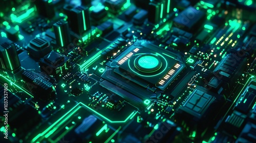 Futuristic green glowing circuit board with a central processor with a round light in the middle.