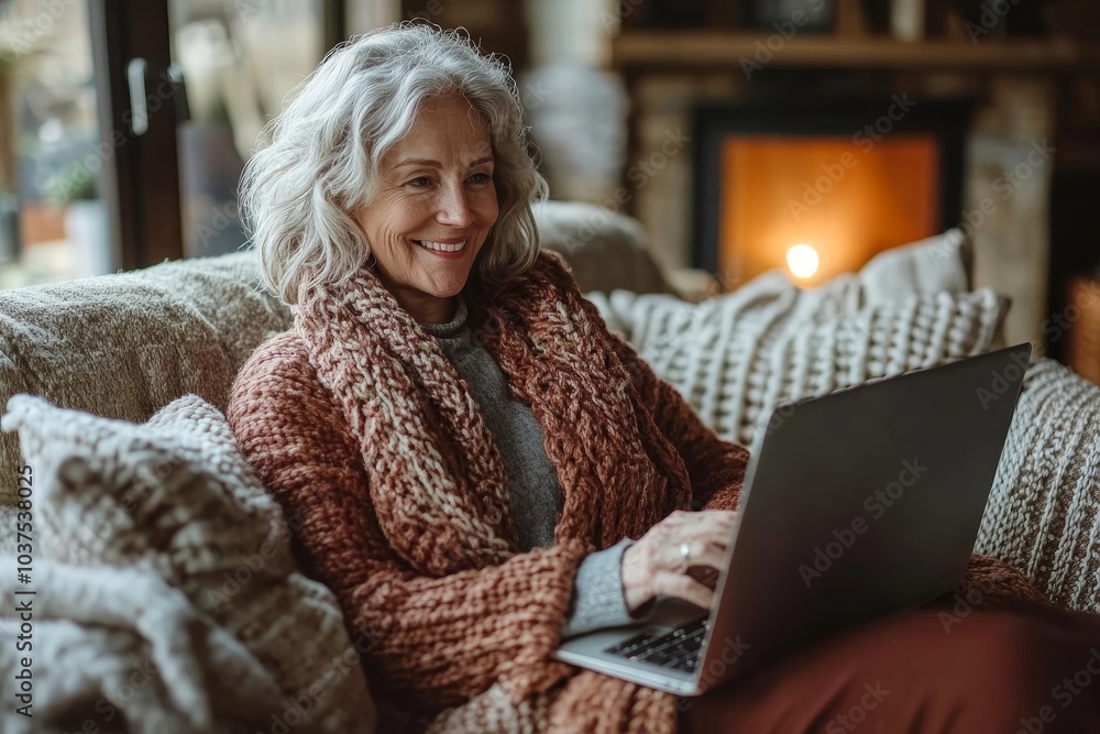 Happy senior woman sitting at home on sofa and using laptop, surfing net or having video call from home and feeling exiciting, Generative AI Happy senior woman sitting at home on sofa and using laptop, surfing net or having video call from home and feeling exiciting, Generative AI