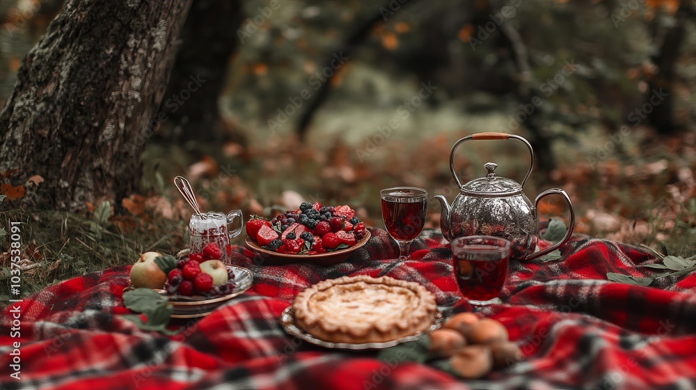 A delightful autumn picnic in the forest, featuring tea, pie, and fresh fruits spread on a red plaid, creating a cozy outdoor atmosphere A delightful autumn picnic in the forest, featuring tea, pie, and fresh fruits spread on a red plaid, creating a cozy outdoor atmosphere