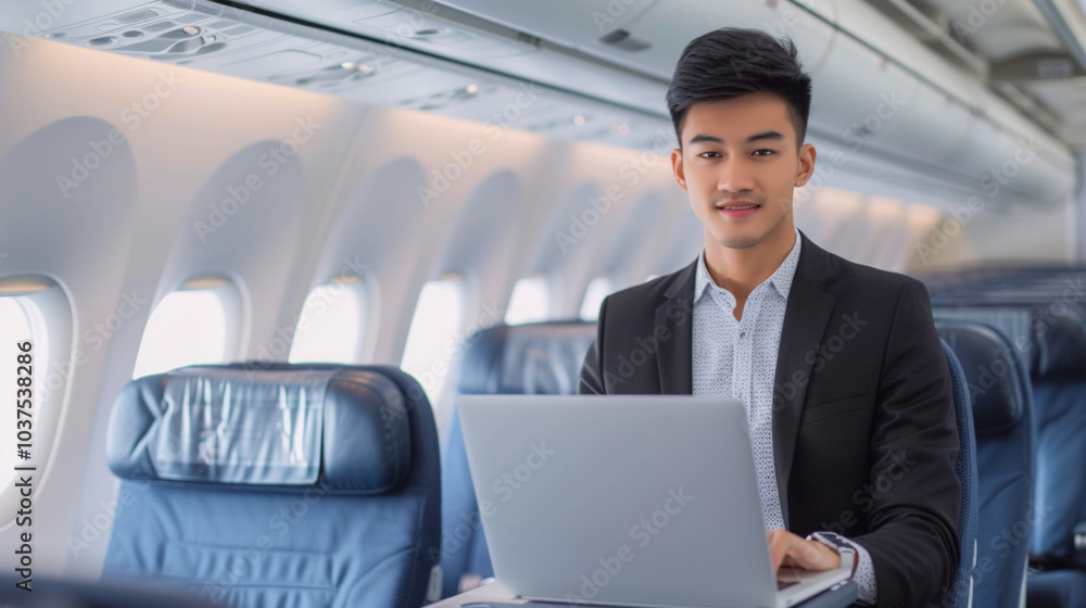 A young man of Asian appearance is sitting on a plane and working on a laptop. A young man of Asian appearance is sitting on a plane and working on a laptop.