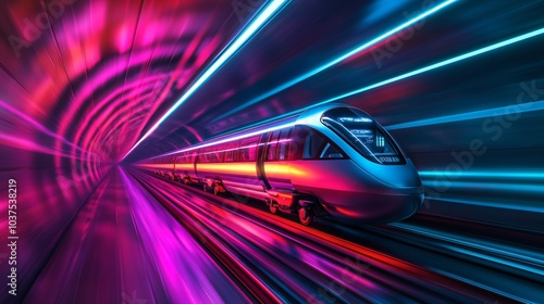 Futuristic high-speed train rushing through a neon tunnel.