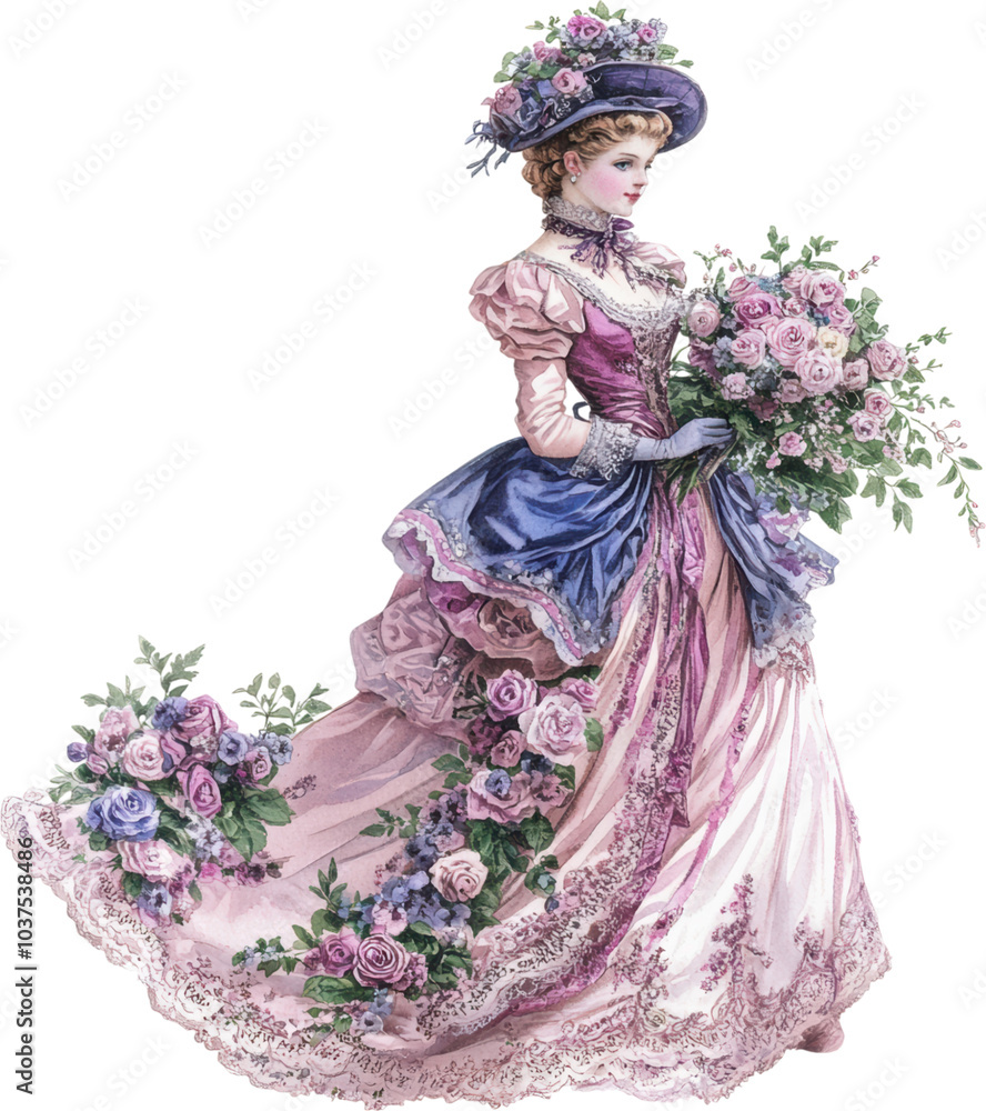 Fototapeta premium Victorian Woman in Pink and Lavender Dress Holding Floral Bouquet