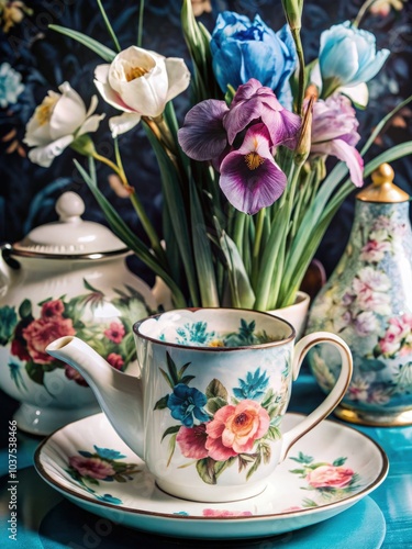 A collection of porcelain teapots and floral arrangements with irises and roses. Generative AI