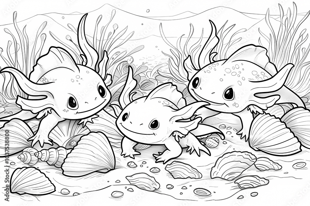 Fototapeta premium Three happy cartoon axolotls play among seashells and seaweed in a whimsical underwater scene.