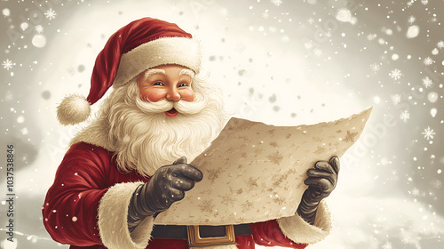 Santa Claus Reading a Letter in a Snowy Winter Scene - Jolly Santa Claus reading a letter amidst a snowy background, evoking the festive spirit and joy of the Christmas season
