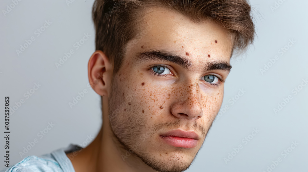 Portrait of a young man with freckles and blue eyes Portrait of a young man with freckles and blue eyes