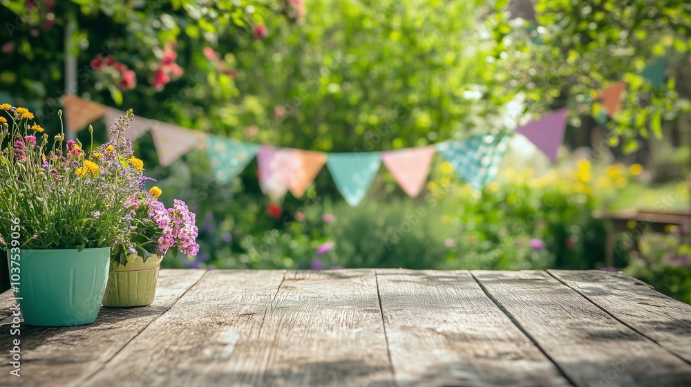 spring garden with colorful bunting banner on a wooden table spring garden with colorful bunting banner on a wooden table