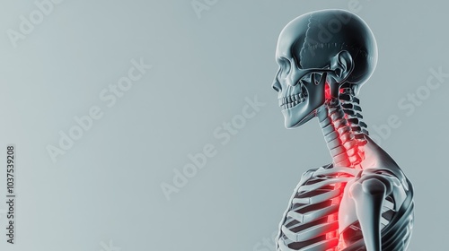 Focused image of the cervical spine and shoulder bones with red highlights indicating pain points, gray skeleton outline, and light gray background with room for text.