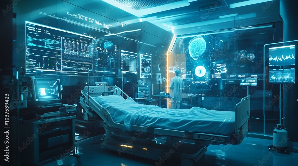 Futuristic hospital room with a patient on a hospital bed and a doctor looking at a screen with a brain scan. Futuristic hospital room with a patient on a hospital bed and a doctor looking at a screen with a brain scan.