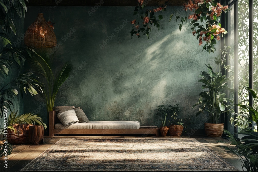 Serene Minimalist Bedroom with Lush Greenery and Soft Lighting Serene Minimalist Bedroom with Lush Greenery and Soft Lighting