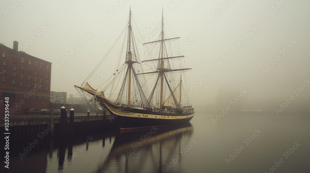 Naklejka premium A historic tall ship docked at a maritime museum.