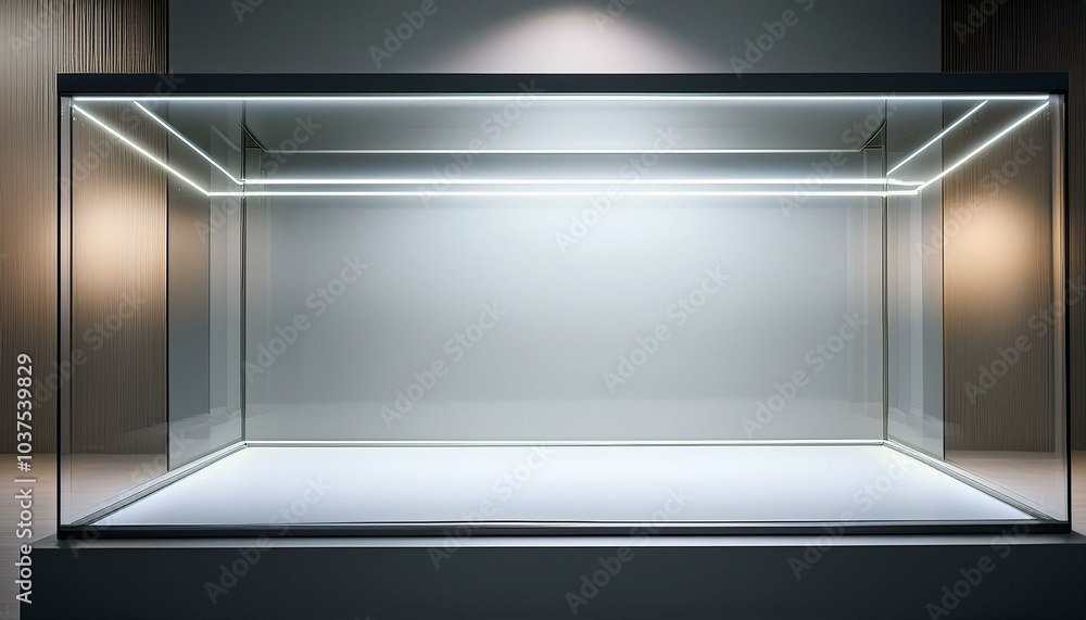 empty illuminated glass showcase set against a white wall background, featuring a mock-up space ideal for displaying products or artworks empty illuminated glass showcase set against a white wall background, featuring a mock-up space ideal for displaying products or artworks