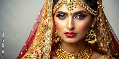 Indian bride adorned in intricate gold jewelry, showcasing traditional elegance. Generative AI