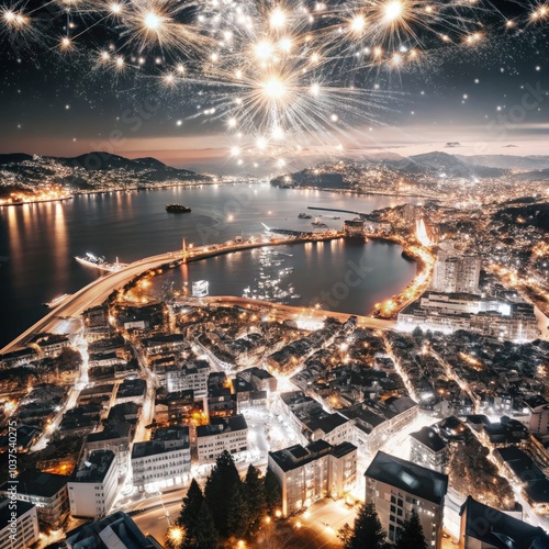 Vigo city illuminated by festive lights during the Christmas season. Generative AI photo