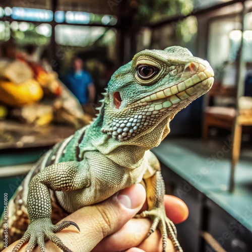 Colorful lizard being held for sale at a pet store in the afternoon light. Generative AI photo