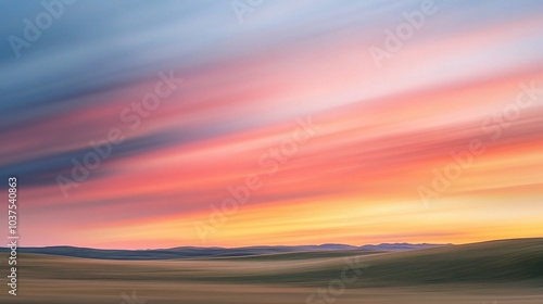 Long exposure of a colorful sunset, capturing the motion blur in the sky above a tranquil landscape