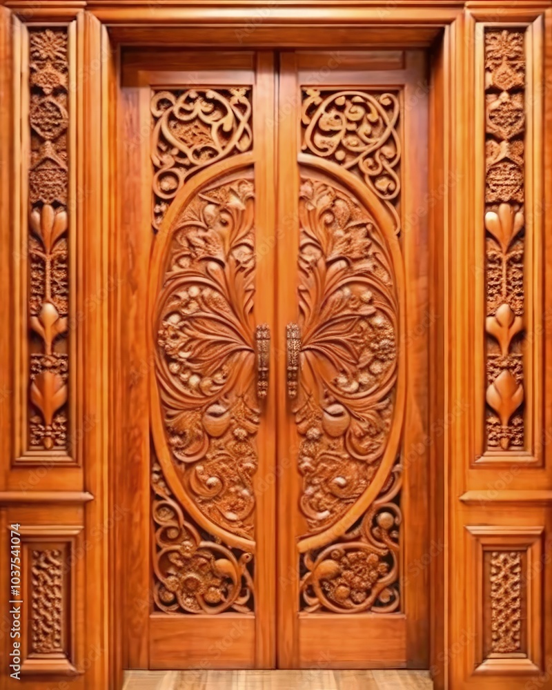 Elegant CNC wood cutting design for a decorative double door. Generative AI Elegant CNC wood cutting design for a decorative double door. Generative AI