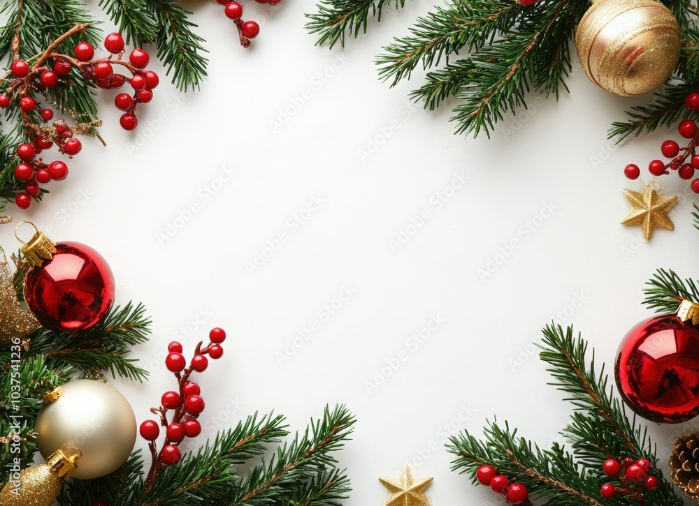 Christmas and New Year background with white space for text, golden decorations, red berries, green pine branches, and golden toys on a light grey paper texture background. Christmas card concept. Christmas and New Year background with white space for text, golden decorations, red berries, green pine branches, and golden toys on a light grey paper texture background. Christmas card concept.