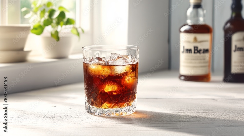 Jim Beam bottle on white wooden table. a whiskey glass filled with ice. Strong drink. Whiskey from an old brand. editorial with illustrations. Jim Beam bottle on white wooden table. a whiskey glass filled with ice. Strong drink. Whiskey from an old brand. editorial with illustrations.