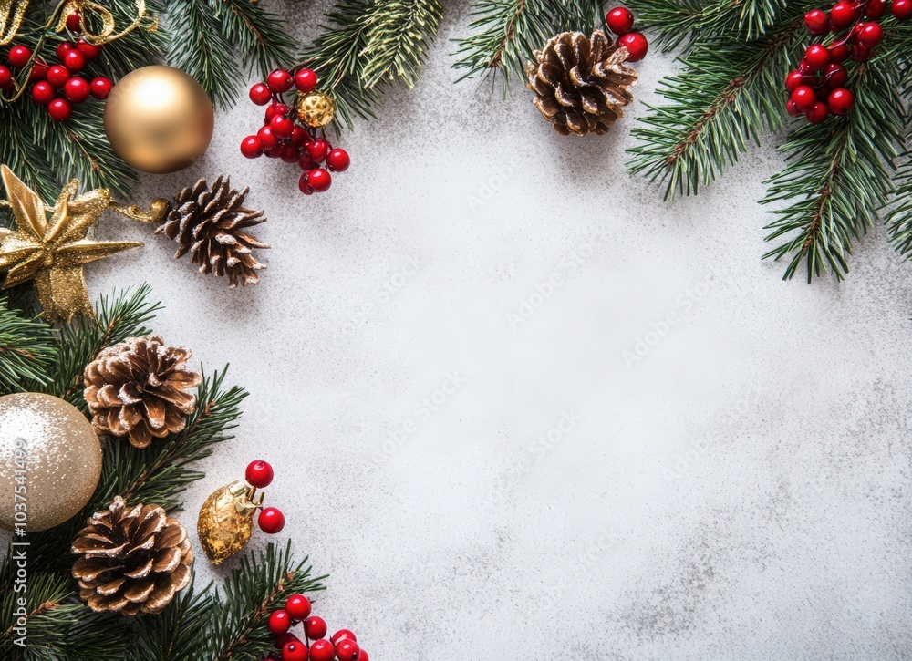 Christmas and New Year background with white space for text, golden decorations, red berries, green pine branches, and golden toys on a light grey paper texture background. Christmas card concept. Christmas and New Year background with white space for text, golden decorations, red berries, green pine branches, and golden toys on a light grey paper texture background. Christmas card concept.