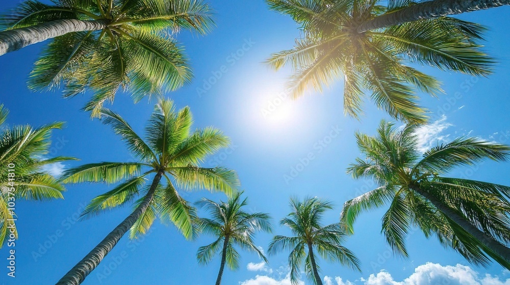 Low-angle view of tropical palm trees swaying against a clear blue sky, capturing the essence of summer and inviting relaxation Low-angle view of tropical palm trees swaying against a clear blue sky, capturing the essence of summer and inviting relaxation