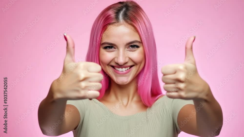 Smiling woman with pink hair giving thumbs up on pink background Smiling woman with pink hair giving thumbs up on pink background