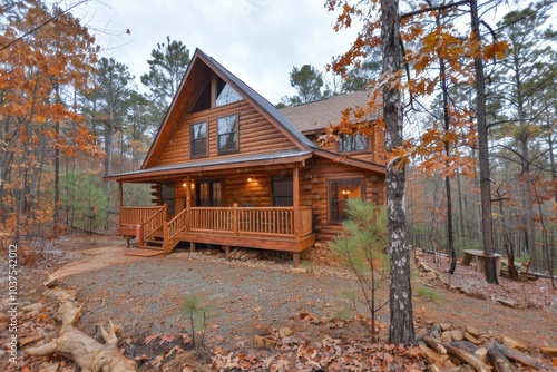 Rustic wooden cabin nestled in an autumn forest setting surrounded by tall trees and fallen leaves; showcasing natural beauty and tranquility