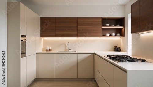 Modern Minimalist Kitchen Close-up shot of beige cabinets and walnut wood open shelves with LED lighting under natural light