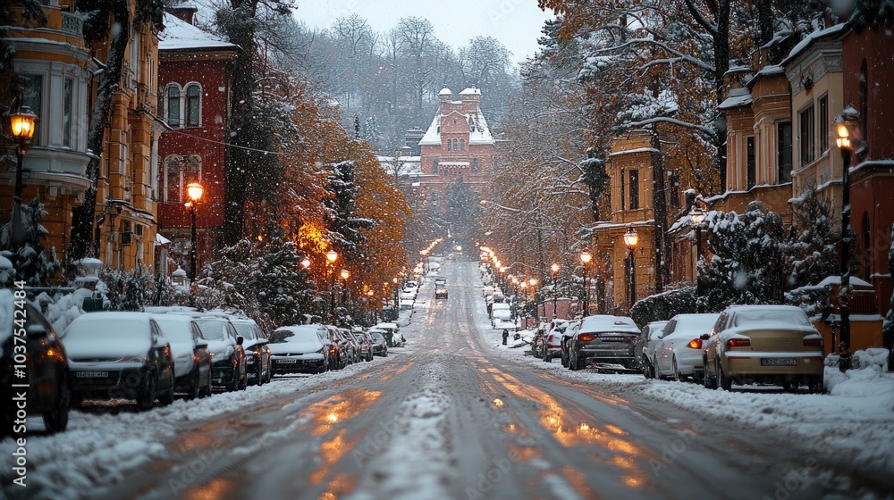 It's snowing outside. Snow-covered street in city with cars, winter cityscape, urban planning, automotive industry It's snowing outside. Snow-covered street in city with cars, winter cityscape, urban planning, automotive industry