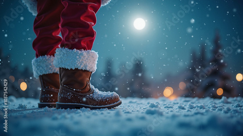 Santa Claus boots in the snow under a full moon with a festive winter landscape