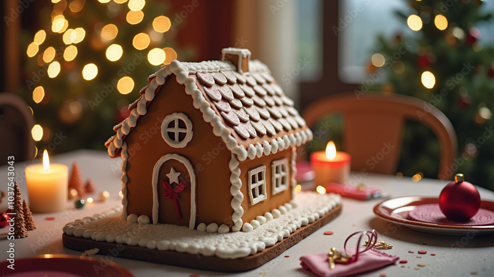 Gingerbread house decorated with icing and candies on table with festive Christmas decorations Gingerbread house decorated with icing and candies on table with festive Christmas decorations