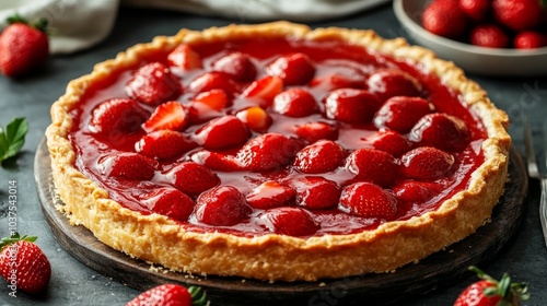 Classic baked cheesecake served for breakfast with a sauce made of strawberries. homemade fruit pie. 