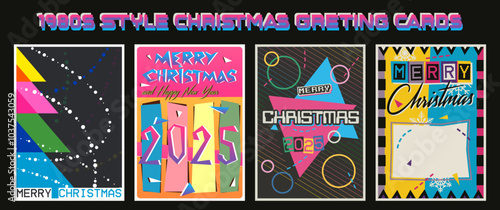 1980s Style Christmas Greeting Cards, Vintage Merry Christmas Postcard Set, 80s Party Posters, Neon Lights Retro Color Abstract Background Set 