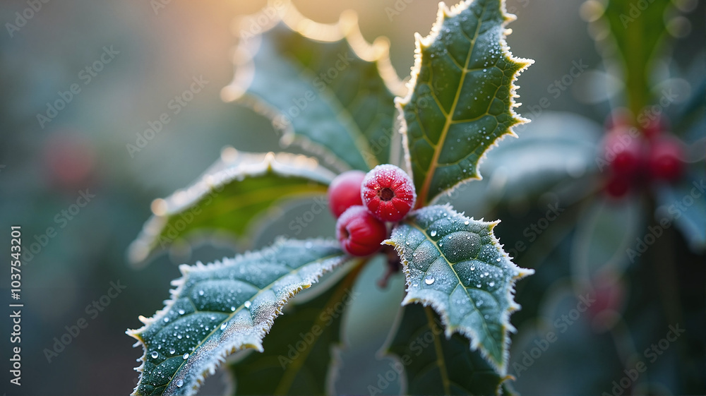 Close-up of holly leaves with red berries and dew drops glistening in winter light Close-up of holly leaves with red berries and dew drops glistening in winter light