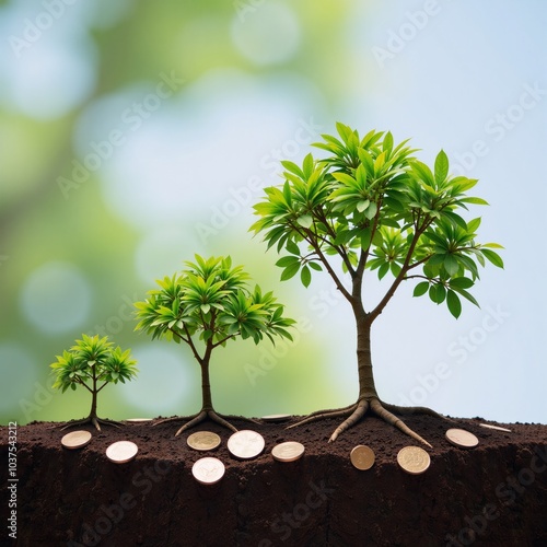 Narrative digital art featuring tree variations among scattered coins symbolizing stages of growth photo