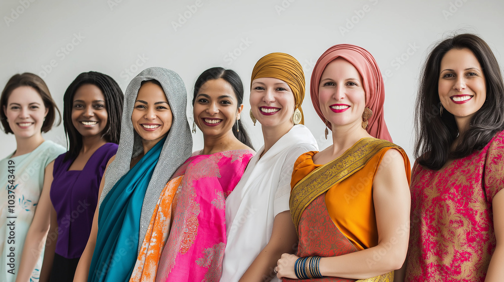 Group of diverse women smiling in traditional clothing.