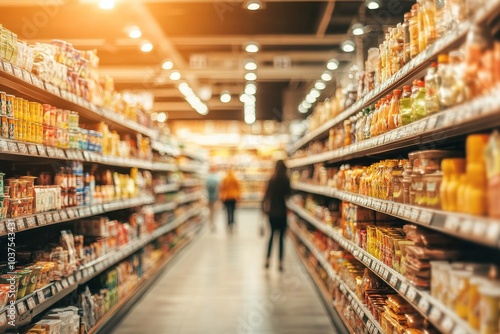 Blurred background of the interior in a grocery store with shelves full of products, people walking and shopping at the supermarket