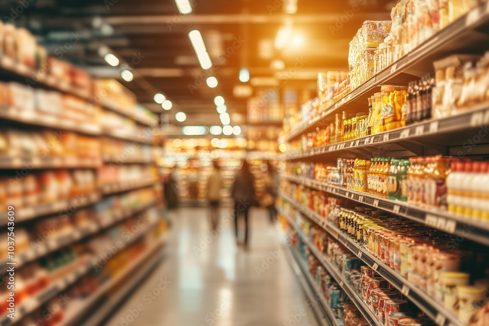 Blurred background of the interior in a grocery store with shelves full of products, people walking and shopping at the supermarke Blurred background of the interior in a grocery store with shelves full of products, people walking and shopping at the supermarke