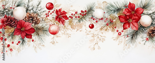 Watercolor Christmas background with flowers, fir branches, cones, garlands and Christmas tree ornaments